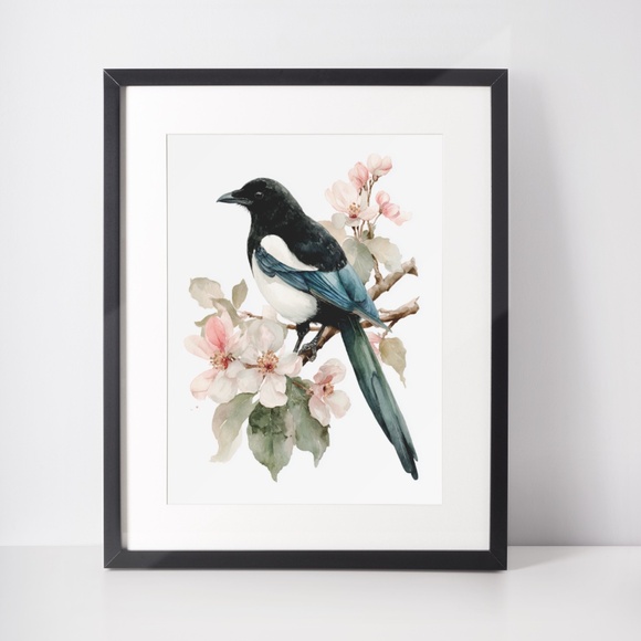Watercolor Magpie Bird Wall Art Print, Unframed - Elegant Nature-Inspired Decor - Picture 3 of 6